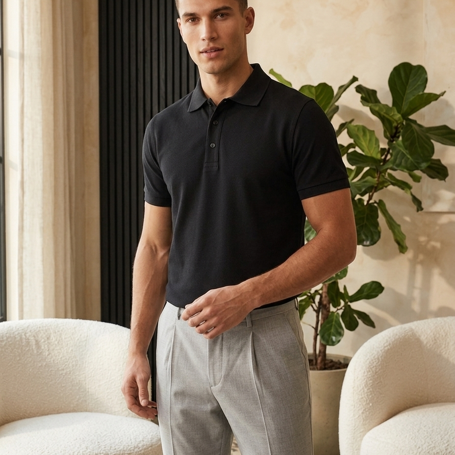 Model in de zwarte Pique Core Polo met een lichtgrijze pantalon