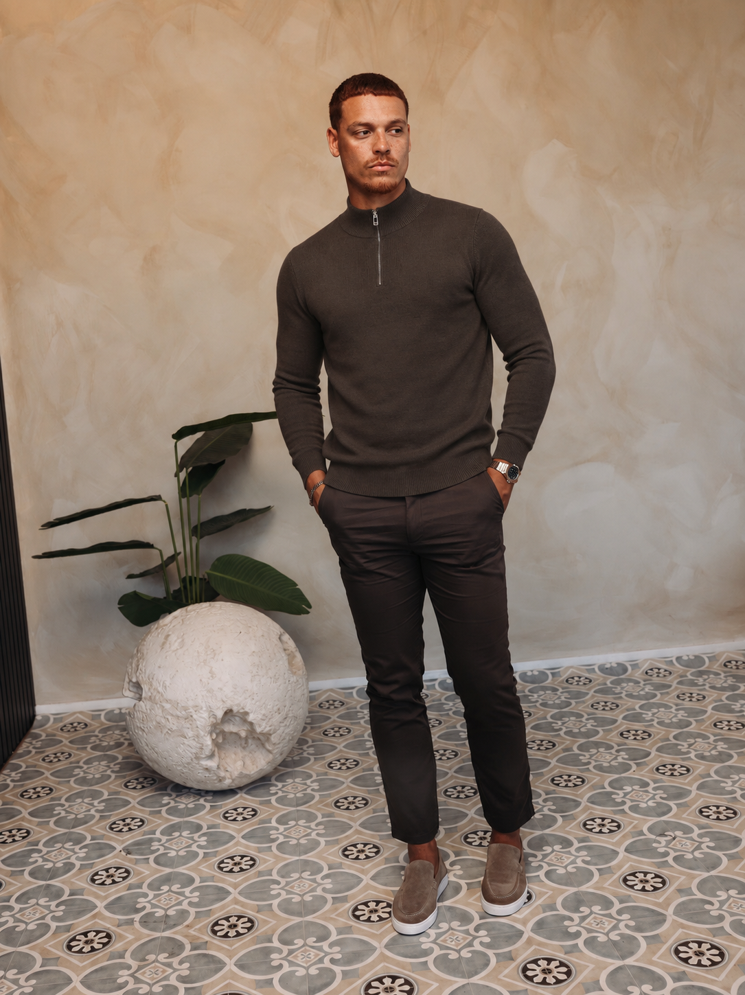 HALF ZIP KNIT | DARK BROWN — lifestylefoto