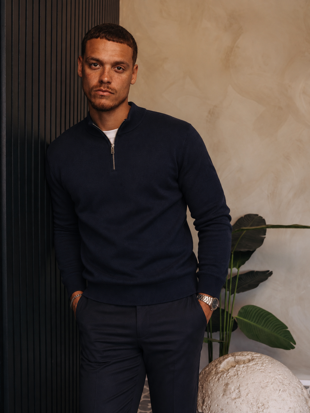 HALF ZIP KNIT | NAVY — lifestylefoto
