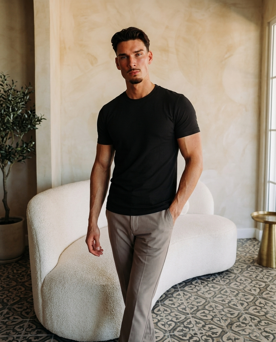 Model draagt Classic Cotton T-Shirt Black muscle fit - editorial