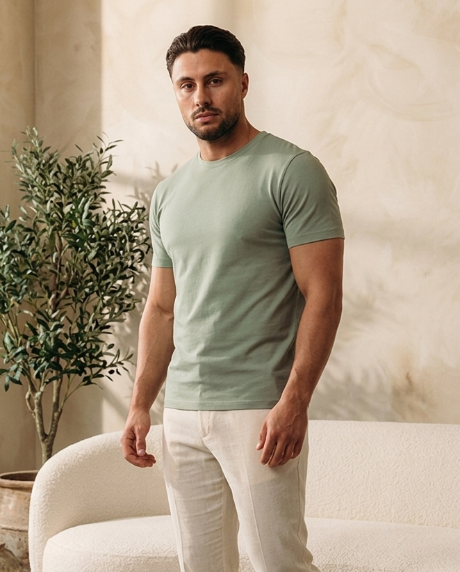 Model draagt Classic Cotton T-Shirt Mint muscle fit - editorial