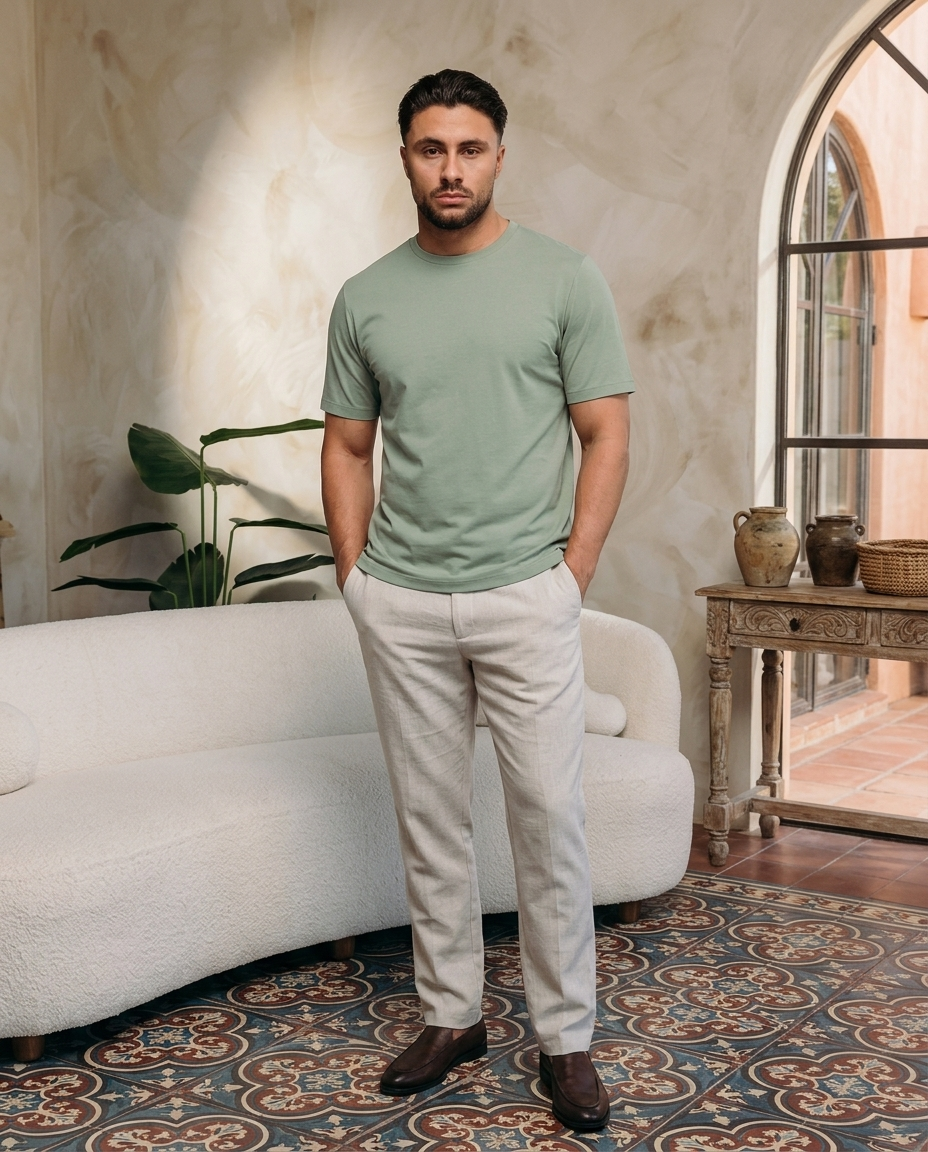 Model draagt Classic Cotton T-Shirt Mint muscle fit - editorial