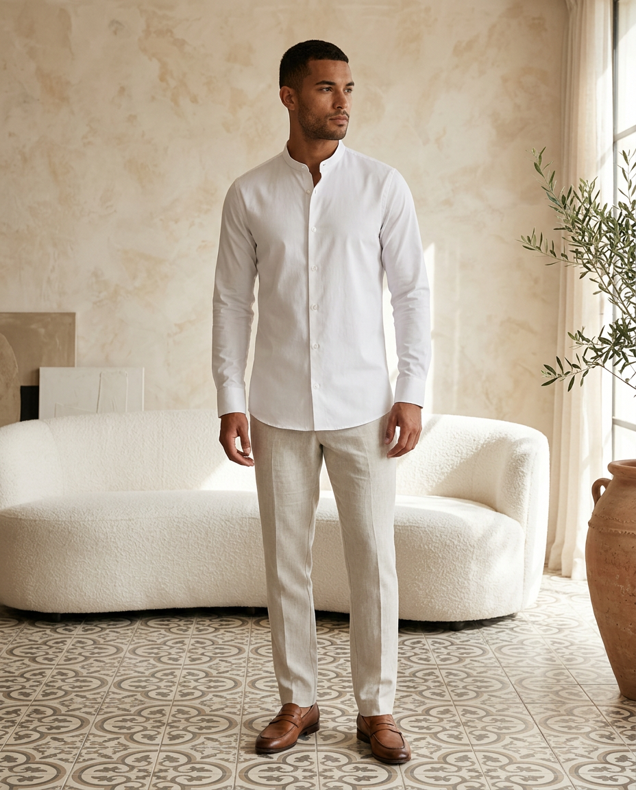 Mandarin Shirt White - editorial model