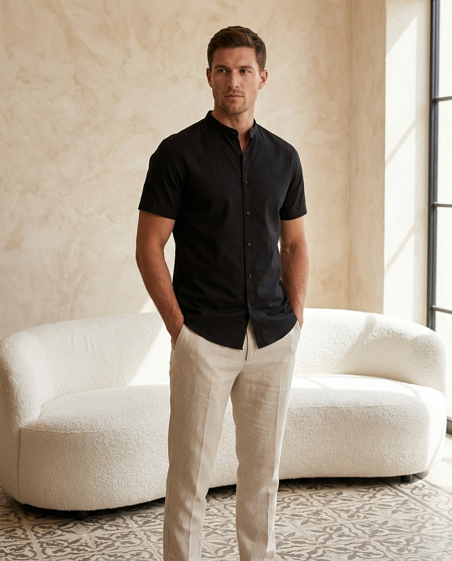 Mao Black Shirt - editorial model
