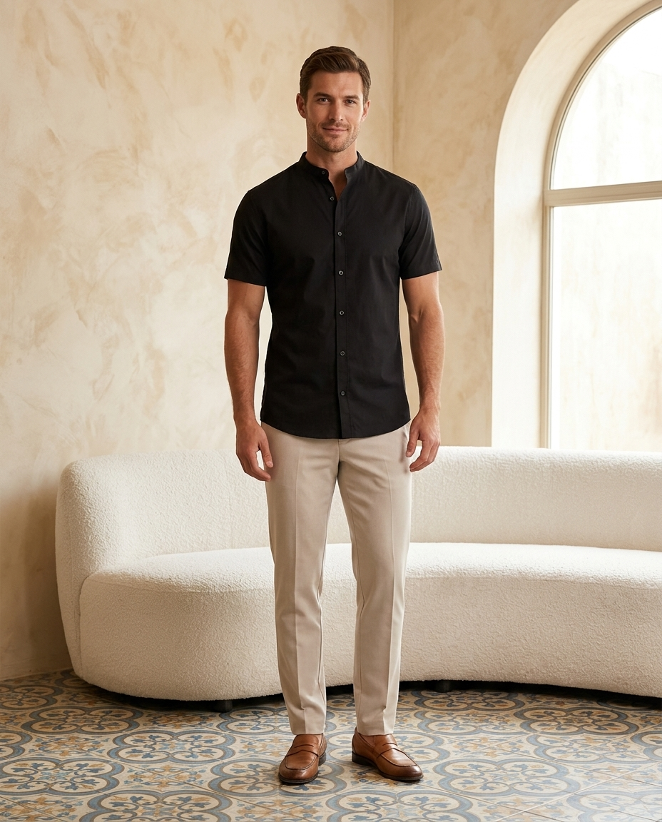 Mao Black Shirt - editorial model