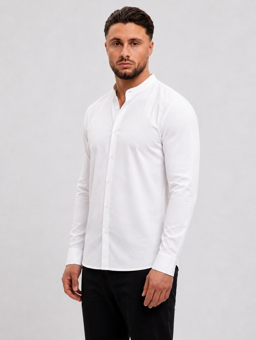 Mandarin Shirt White - zijkant studio