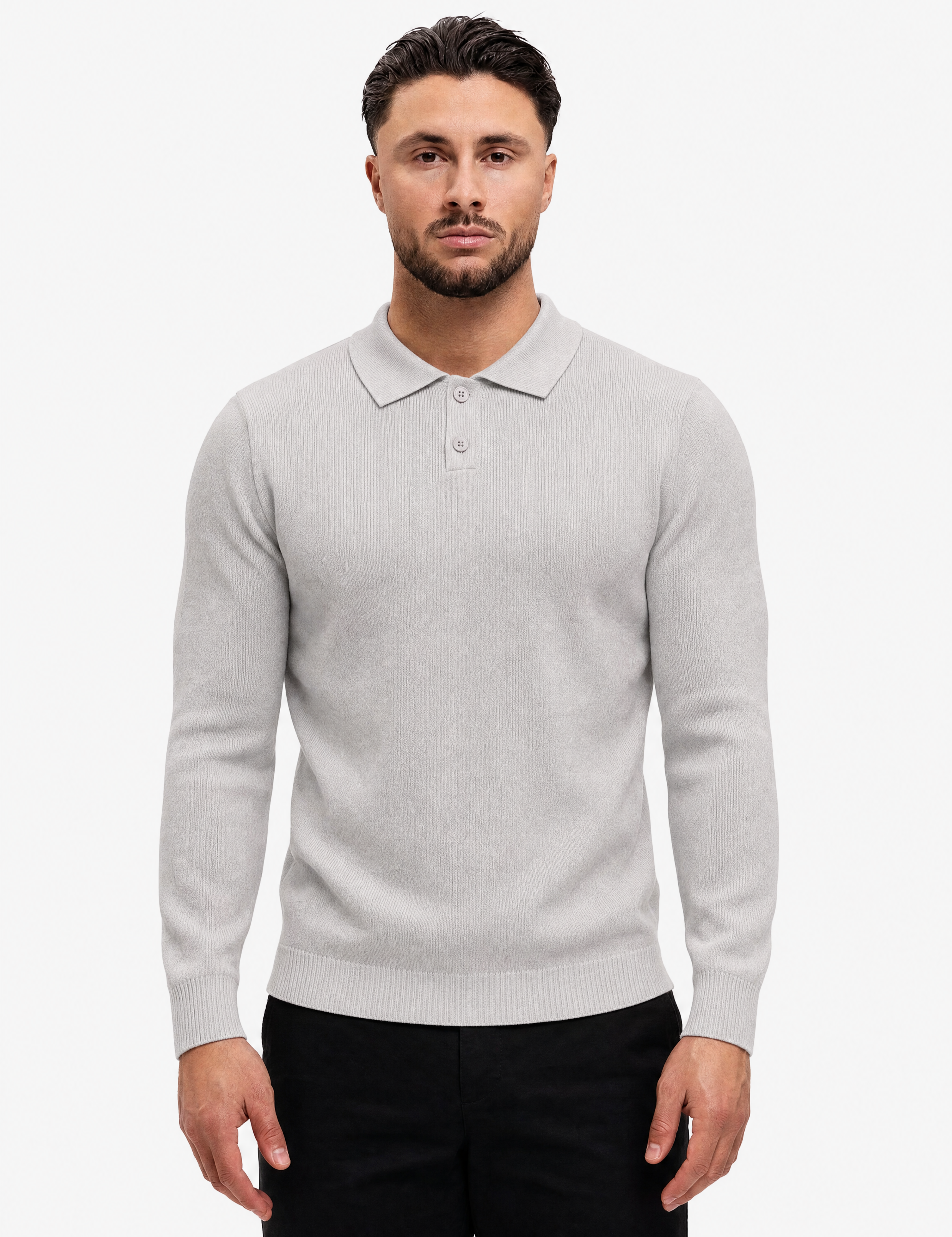 Knit Longsleeve Polo Grey - schuin voorkant