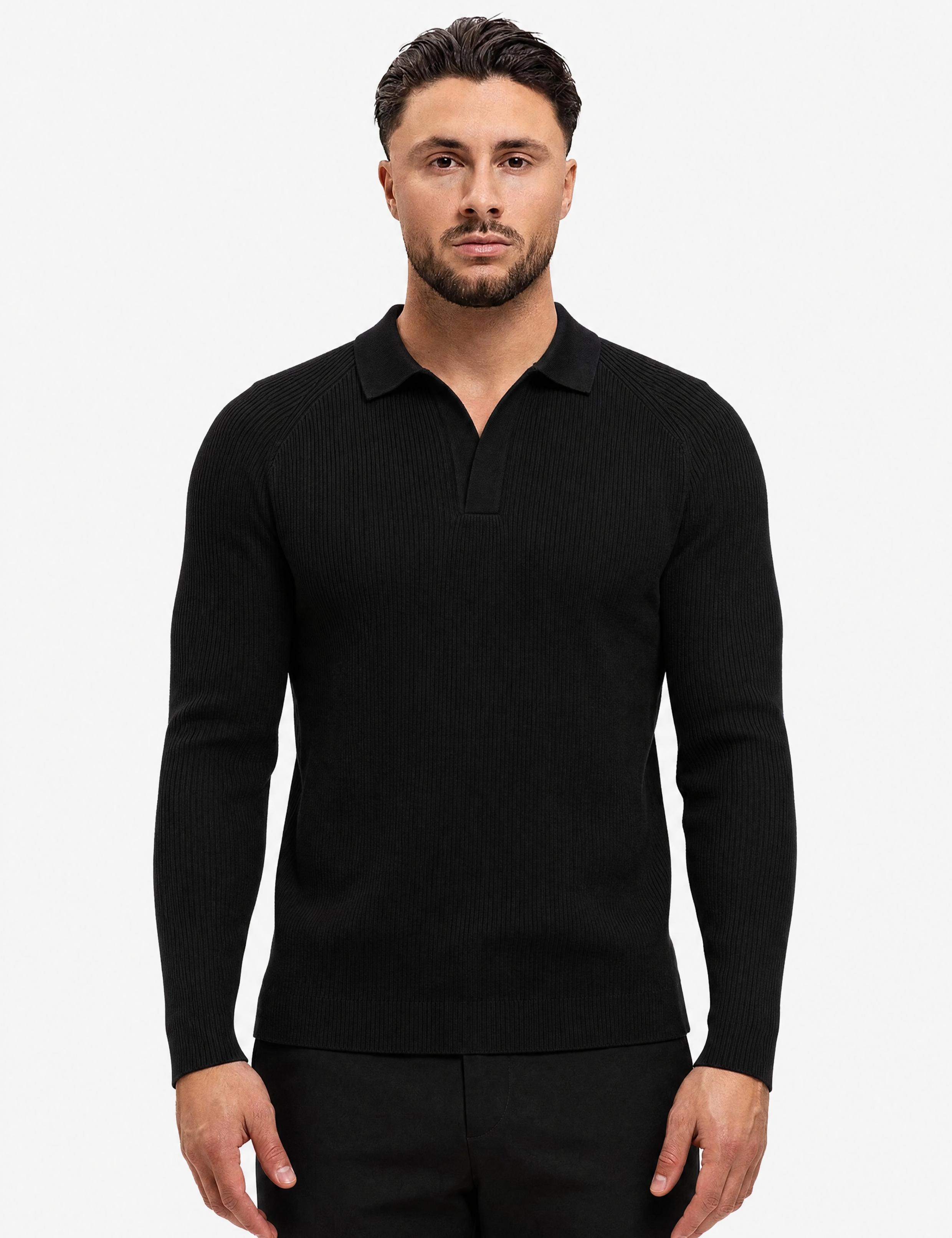 Ribbed Knit Polo Black - schuin voorkant