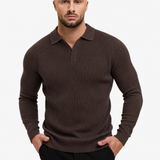 Ribbed Knit Polo Brown - handen in zak