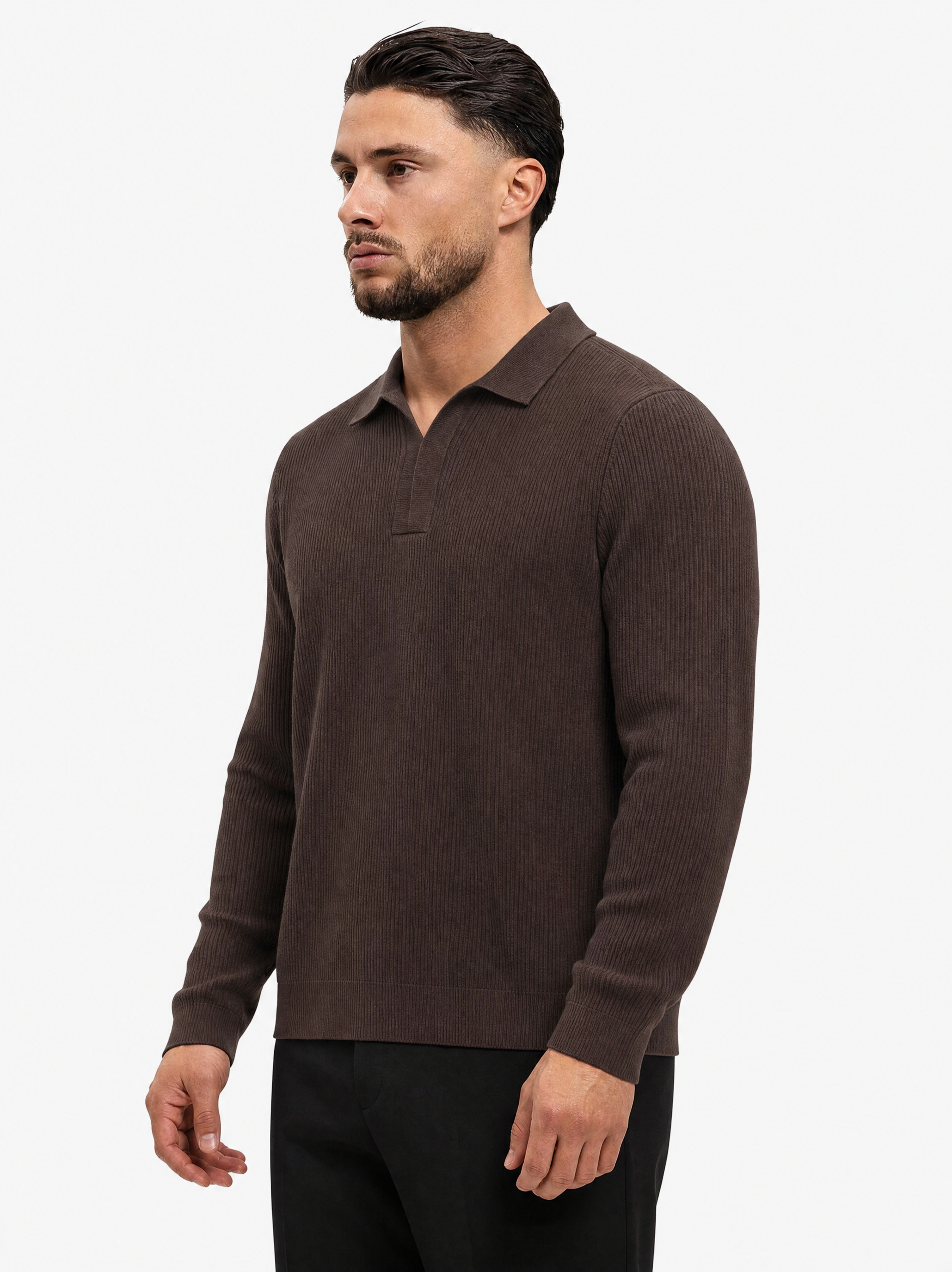 Ribbed Knit Polo Brown - voorkant