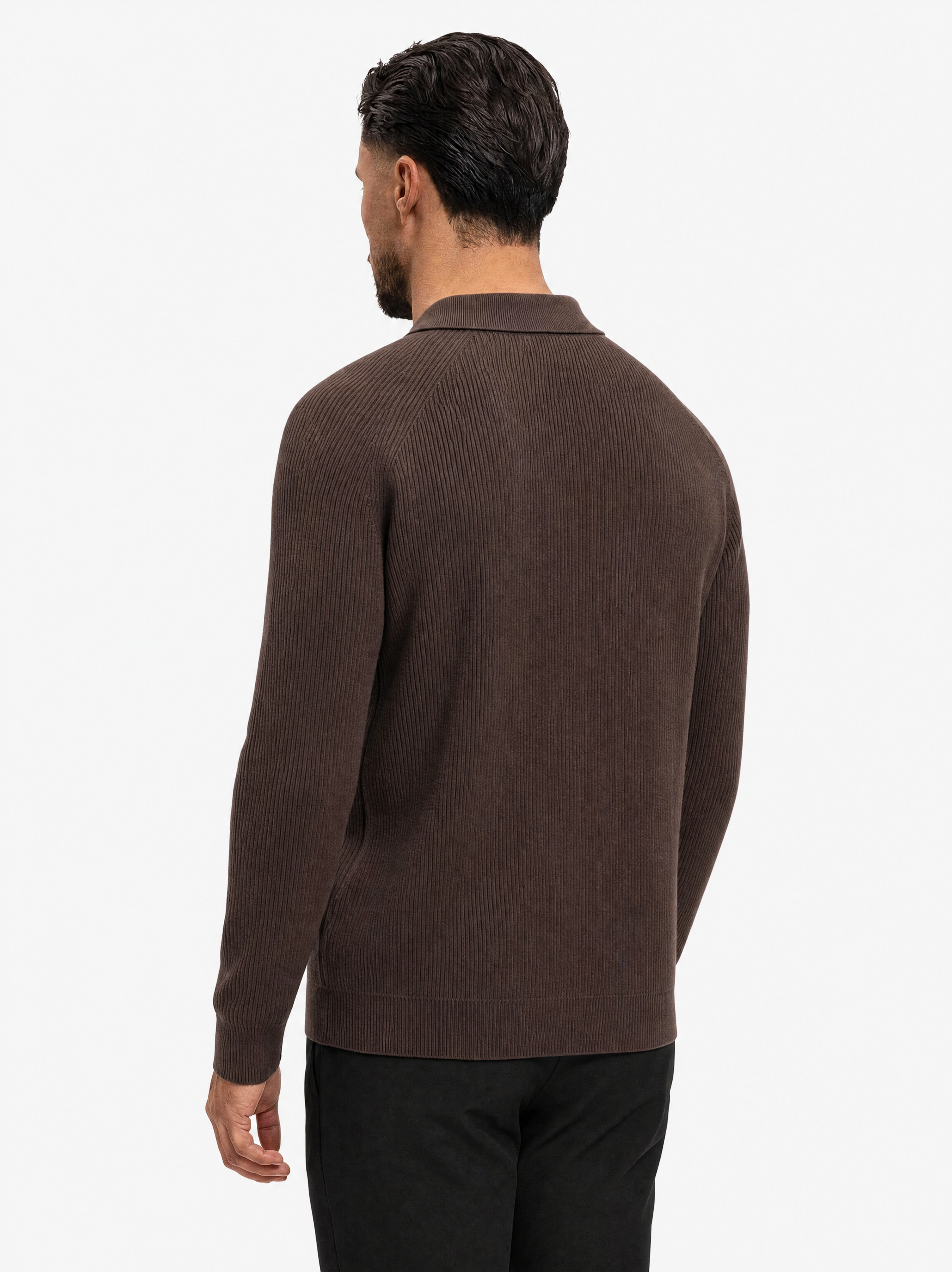 Ribbed Knit Polo Brown - schuin achterkant
