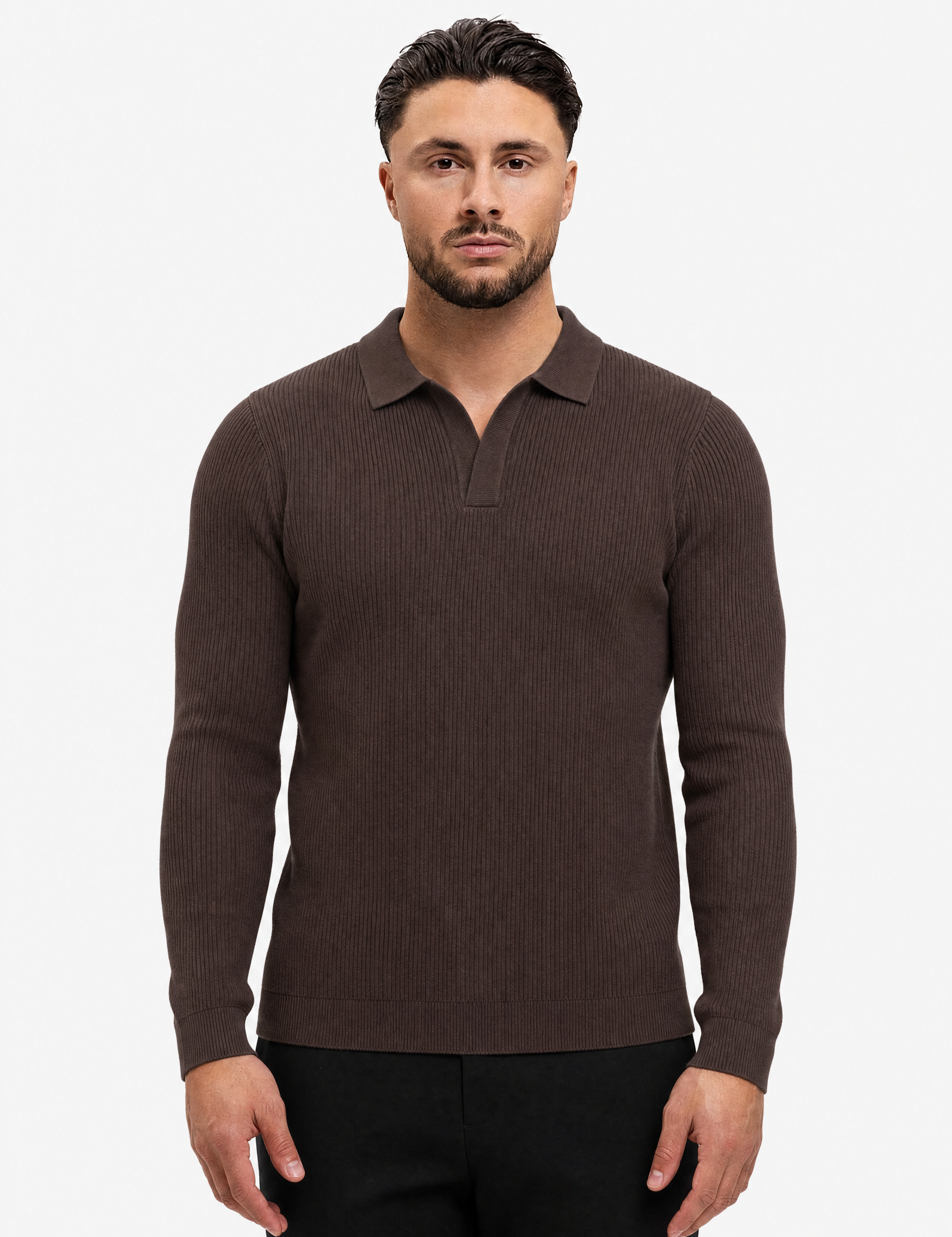Ribbed Knit Polo Brown - schuin voorkant