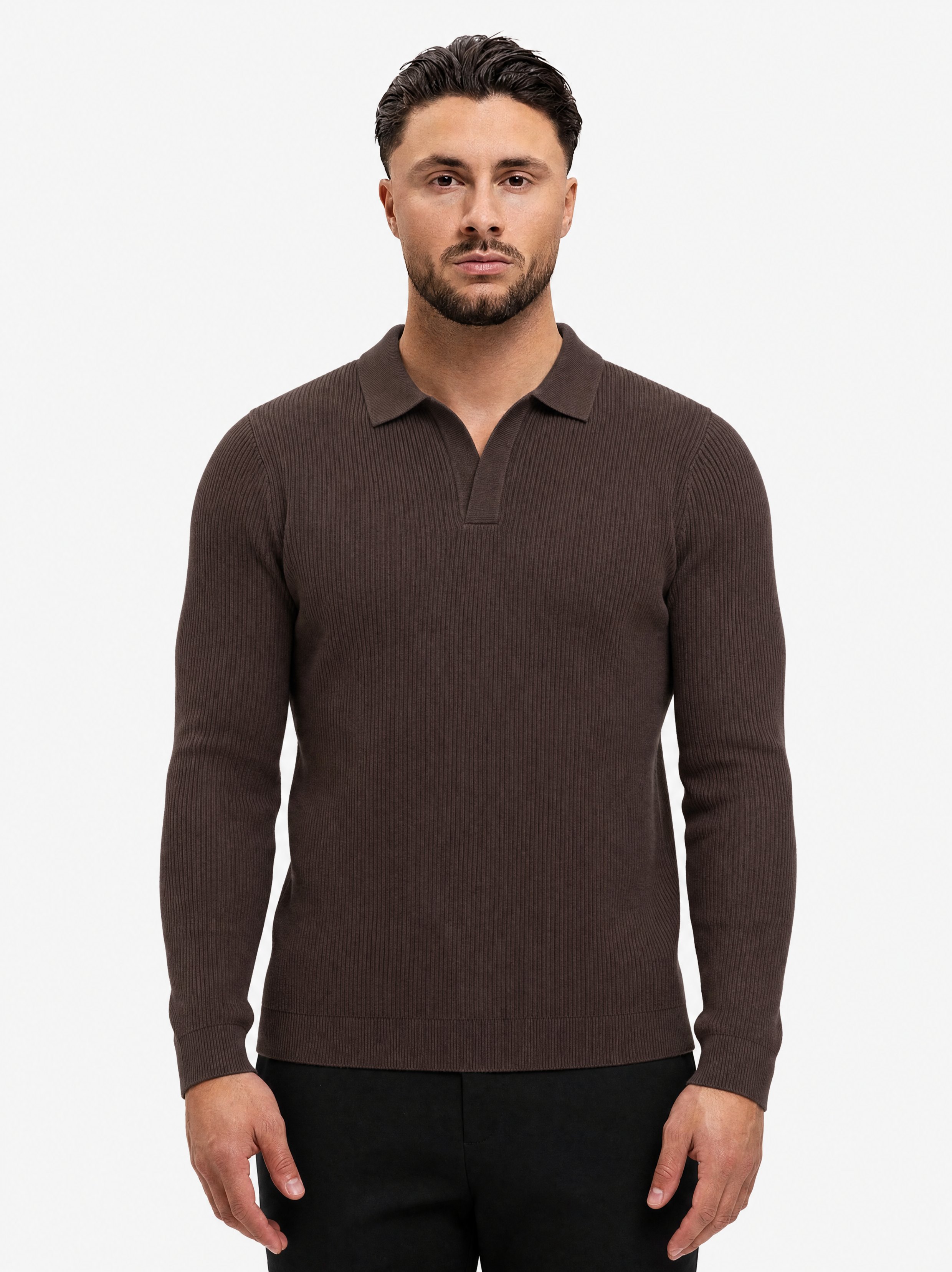Ribbed Knit Polo Brown - schuin voorkant