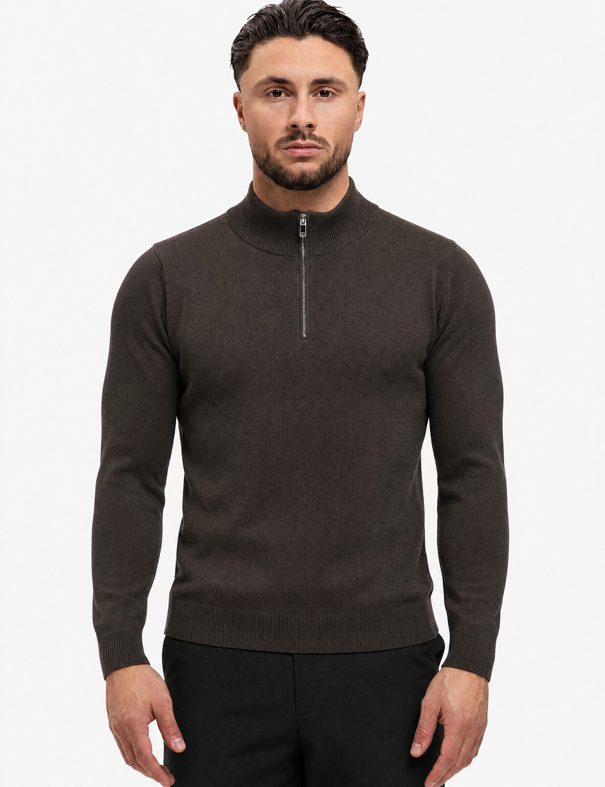 Half Zip Knit Dark Brown - schuin voorkant