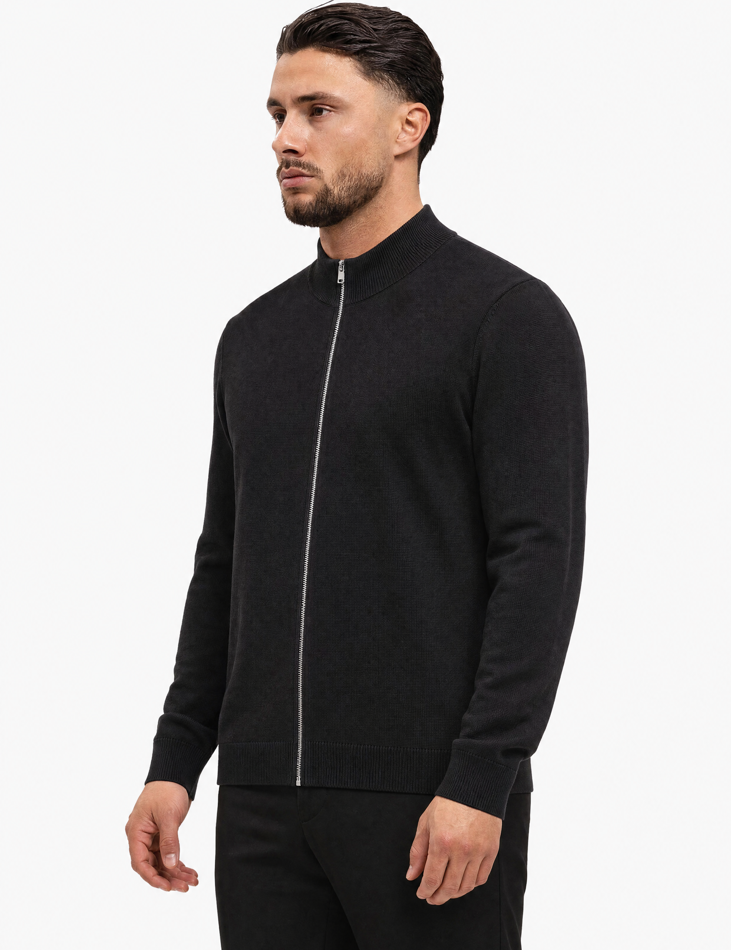 Knit Zip Cardigan Black - voorkant