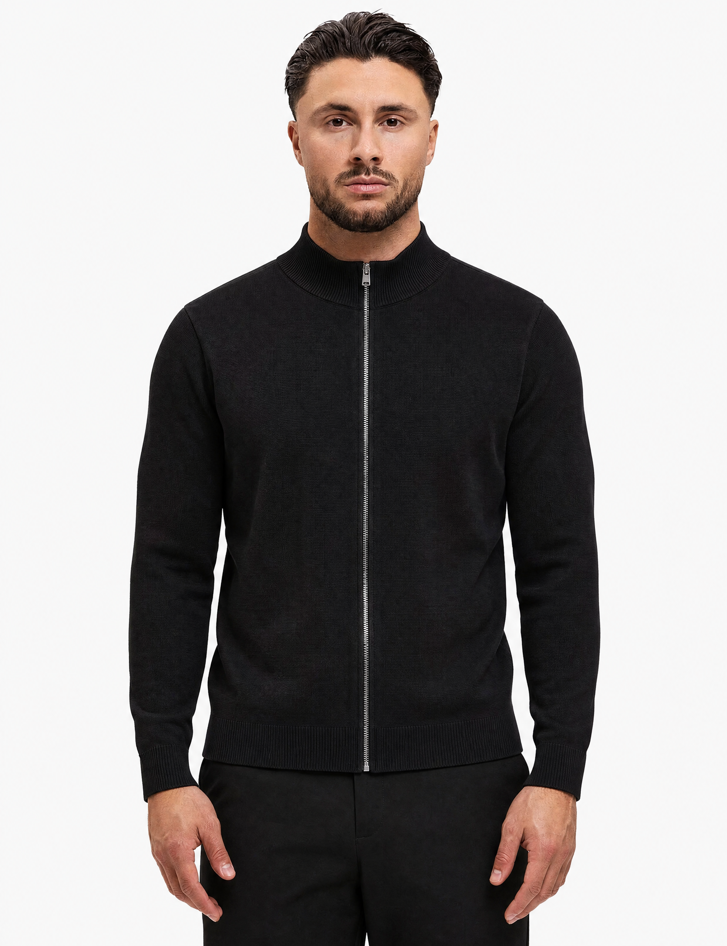 Knit Zip Cardigan Black - schuin voorkant
