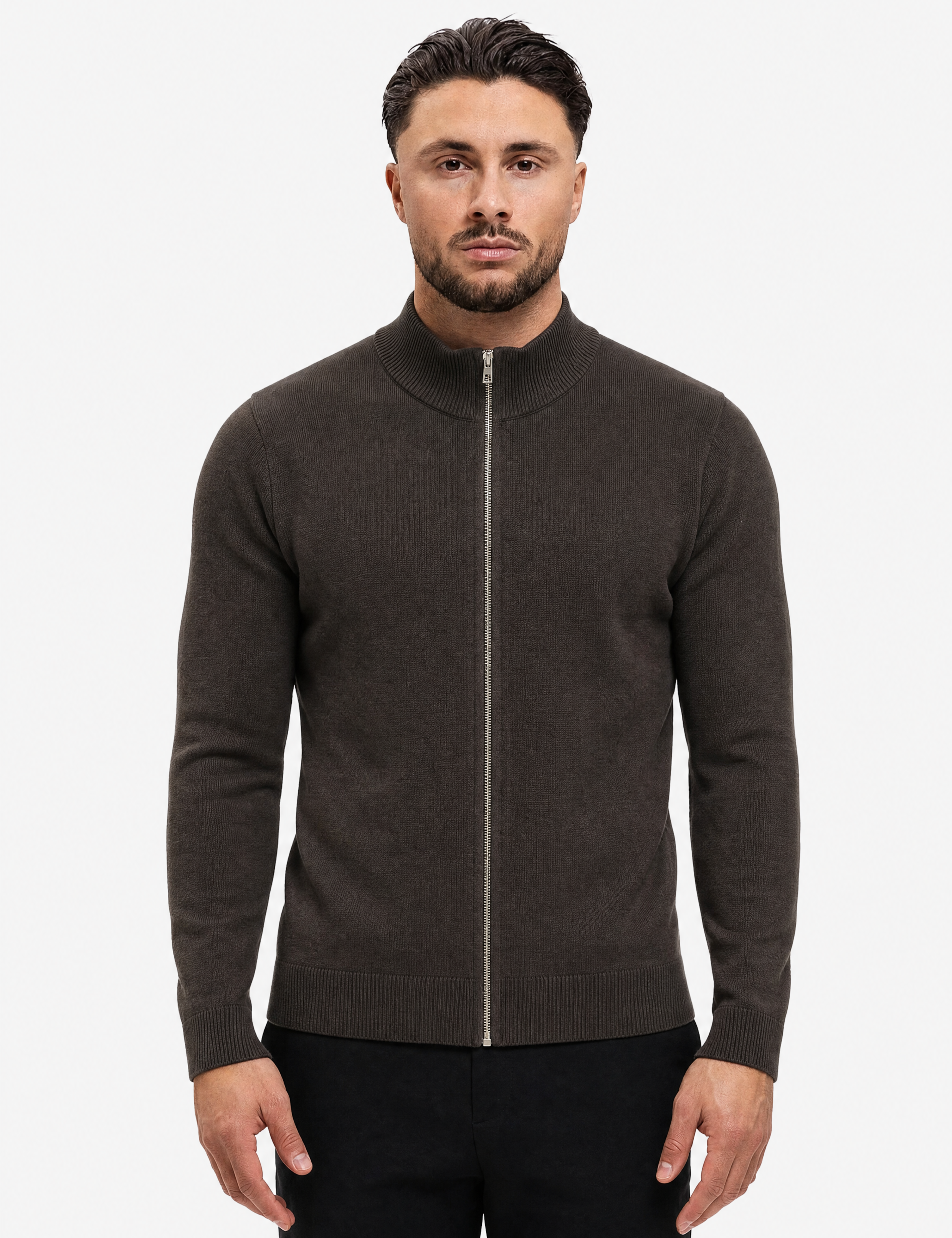 Knit Zip Cardigan Dark Brown - schuin voorkant