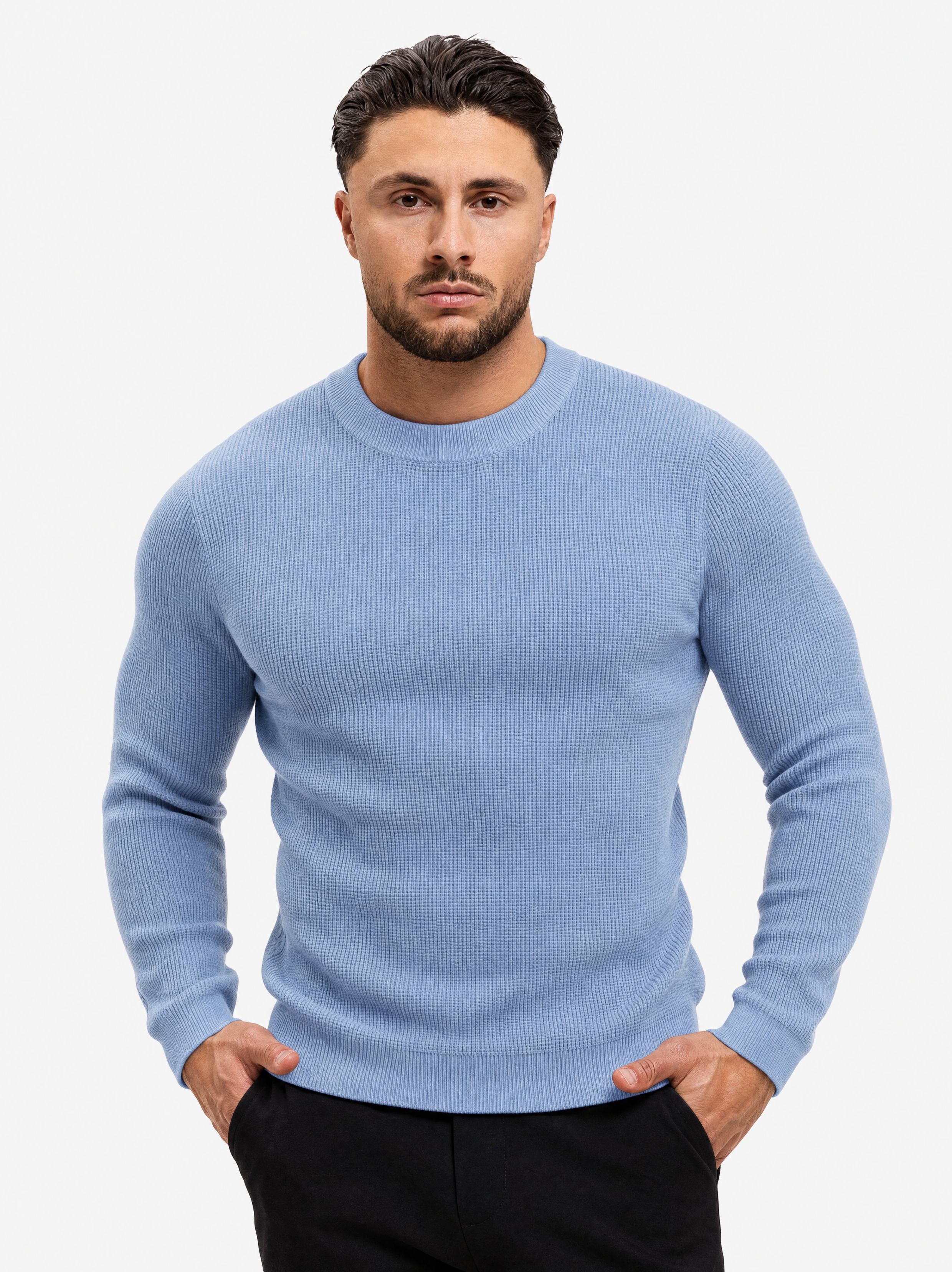 Waffle Knit Sweater Light Blue - handen in zak