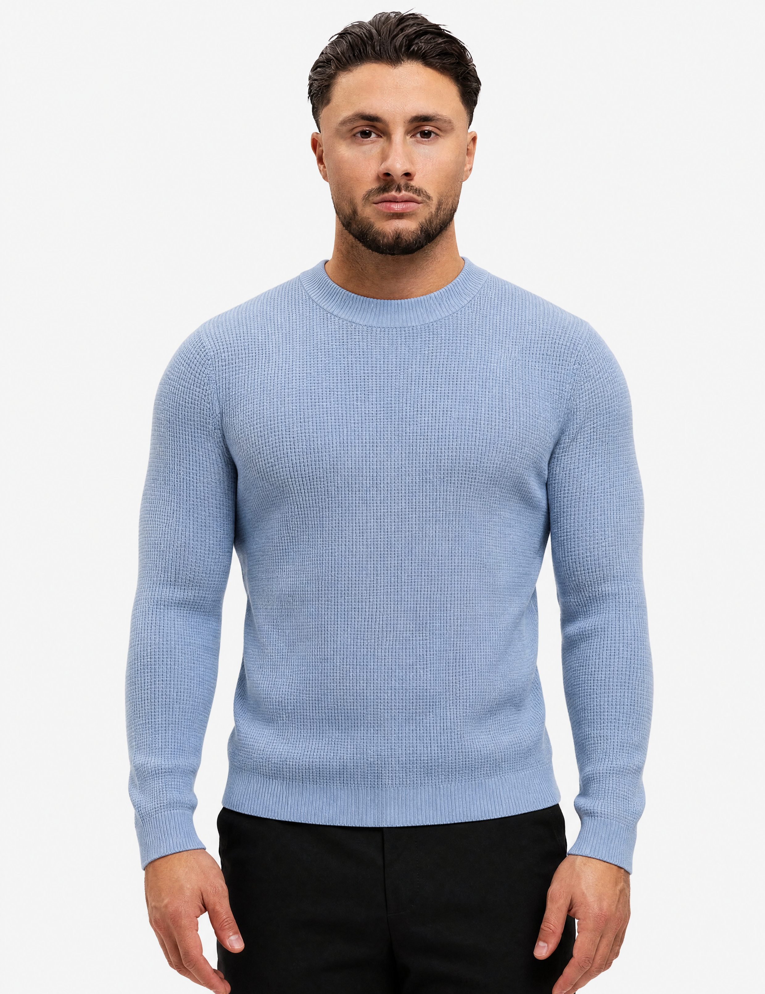 Waffle Knit Sweater Light Blue - schuin voorkant