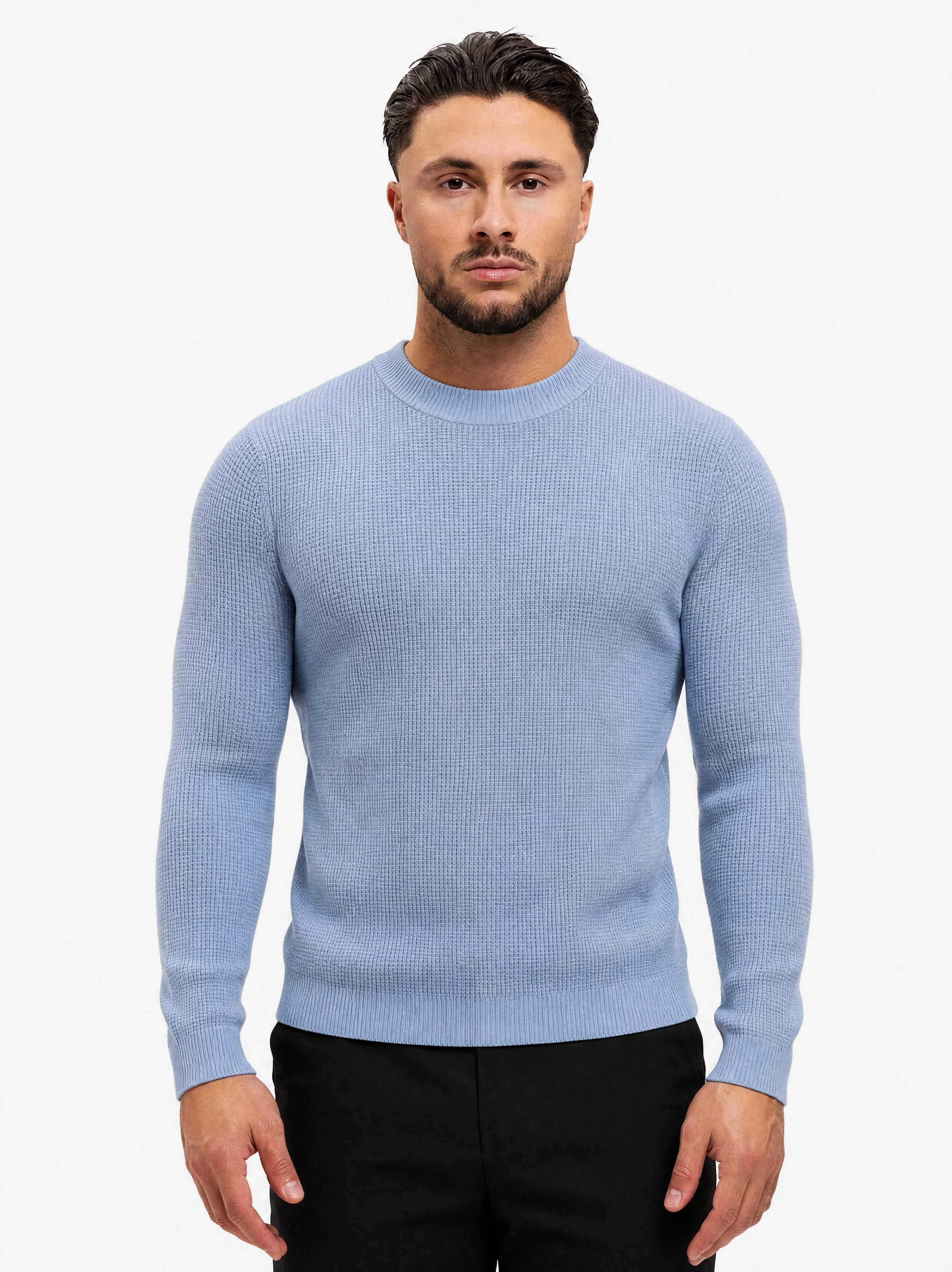 Waffle Knit Sweater Light Blue - schuin voorkant