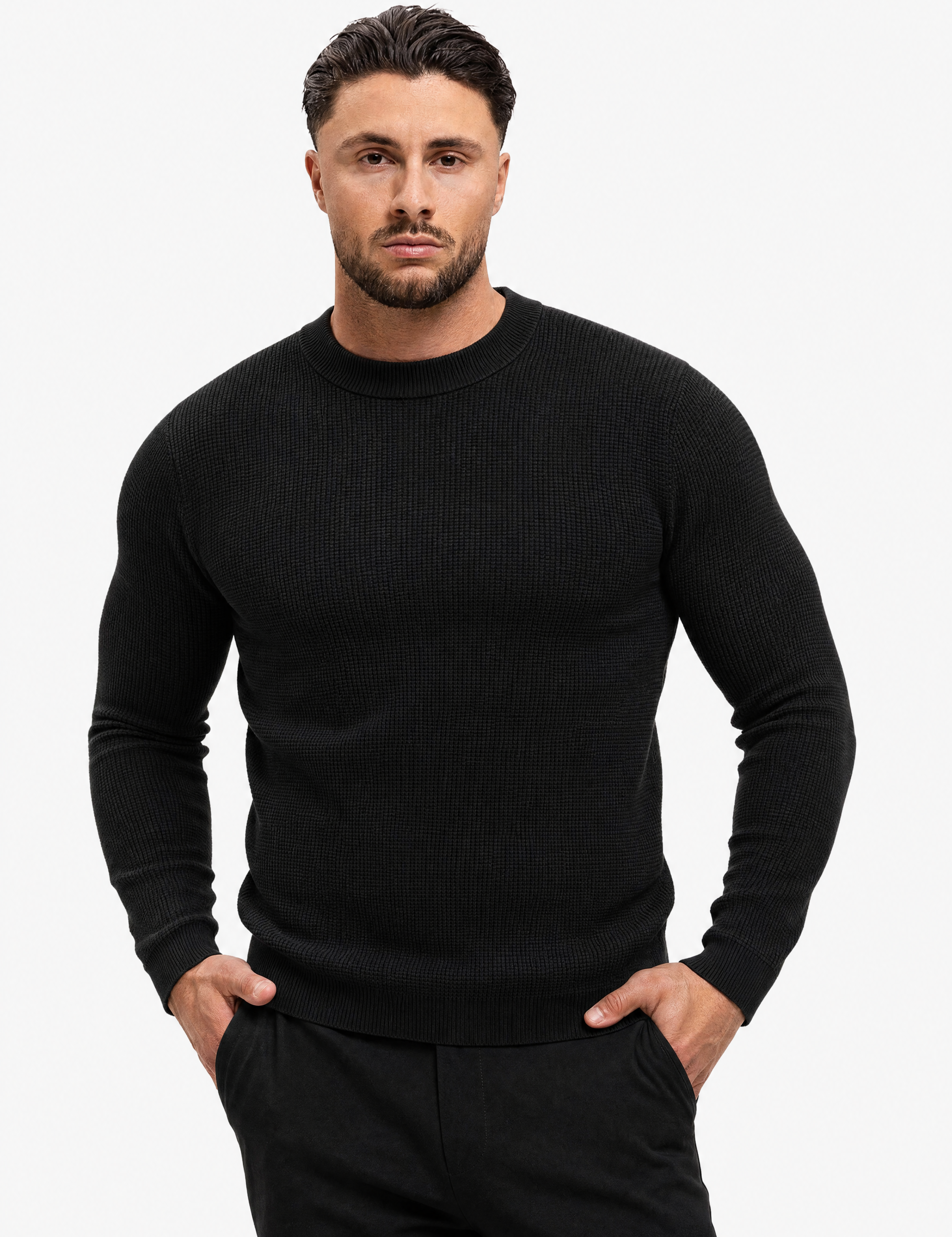 Waffle Knit Sweater Black - handen in zak