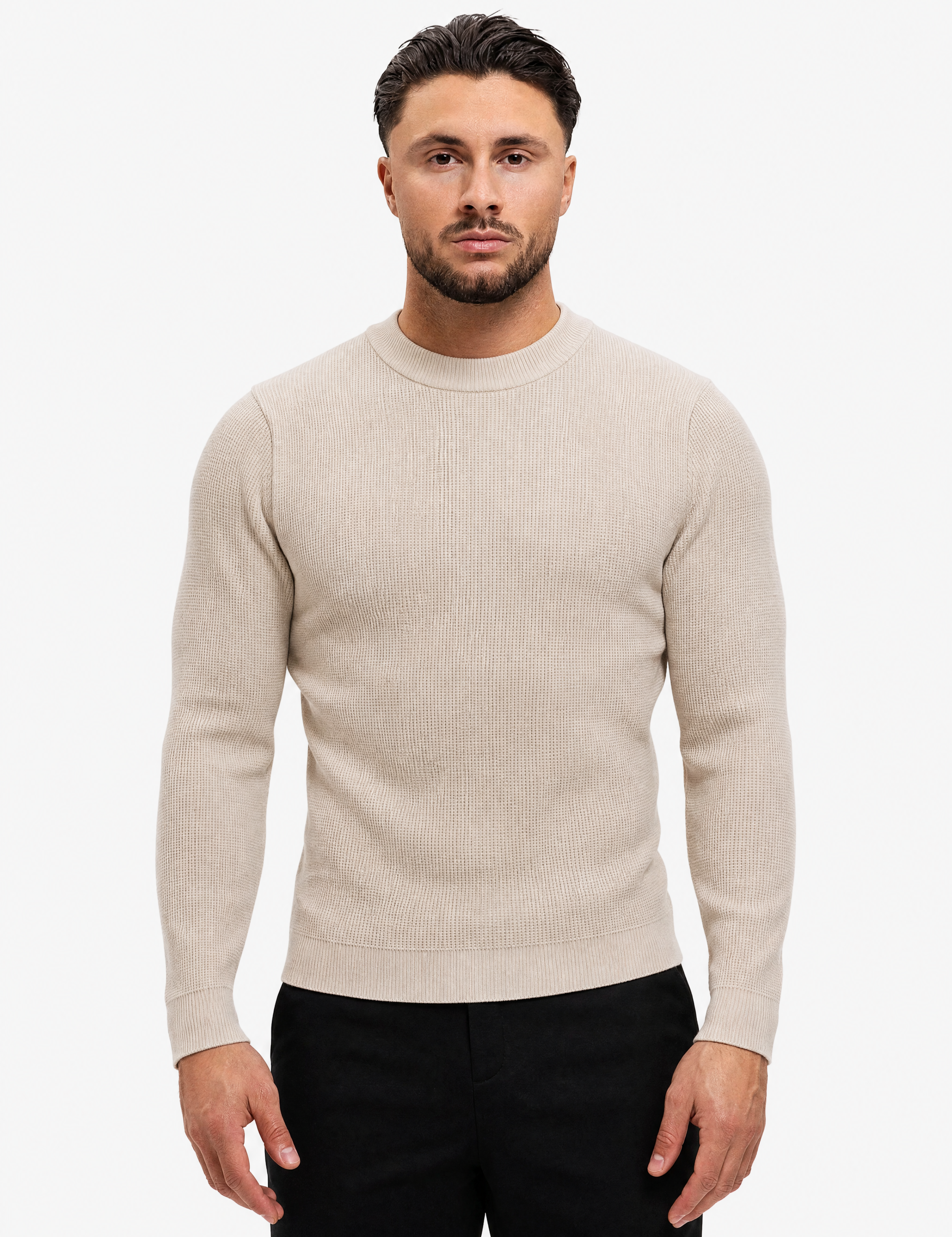 Waffle Knit Sweater Beige - schuin voorkant
