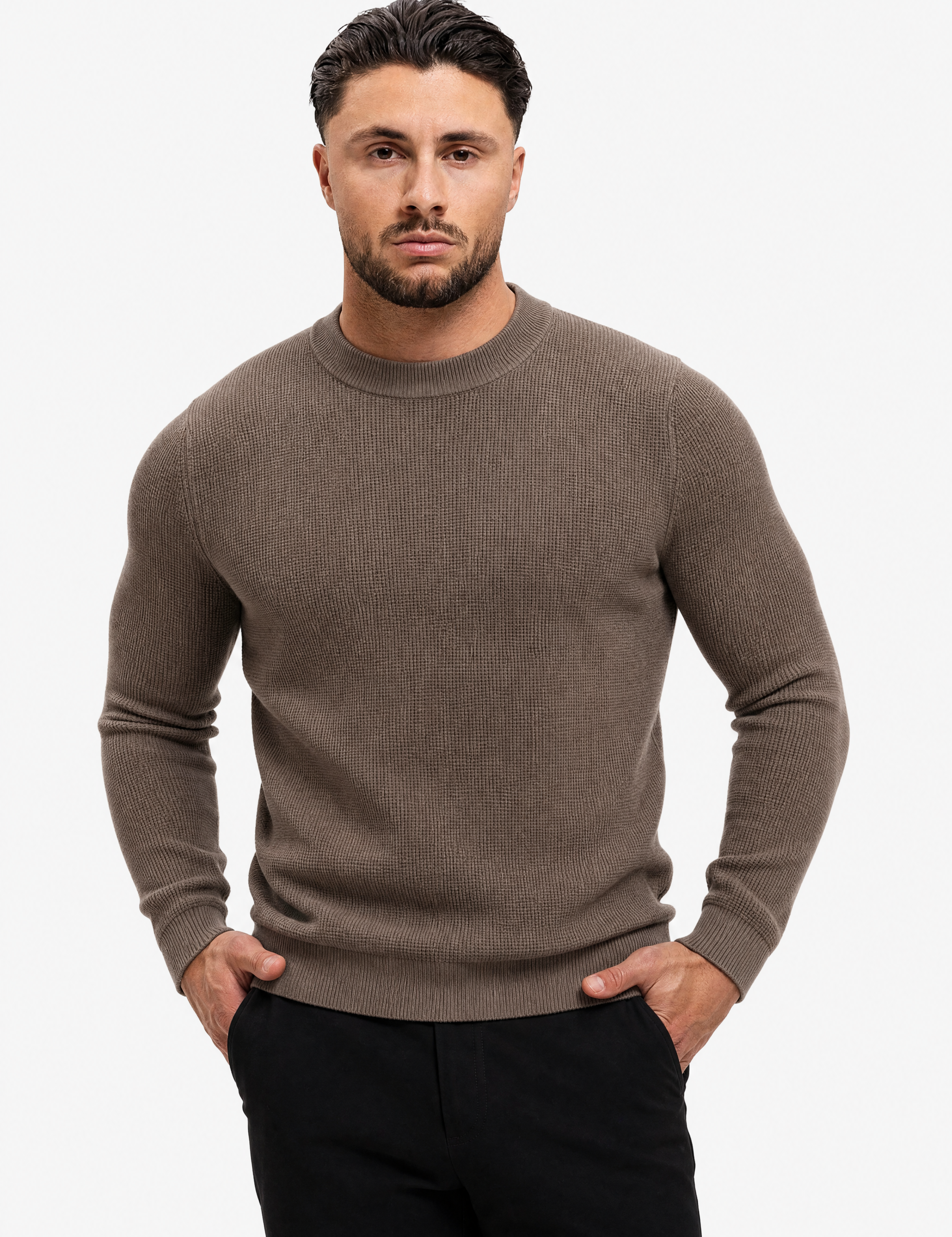 Waffle Knit Sweater Taupe - handen in zak