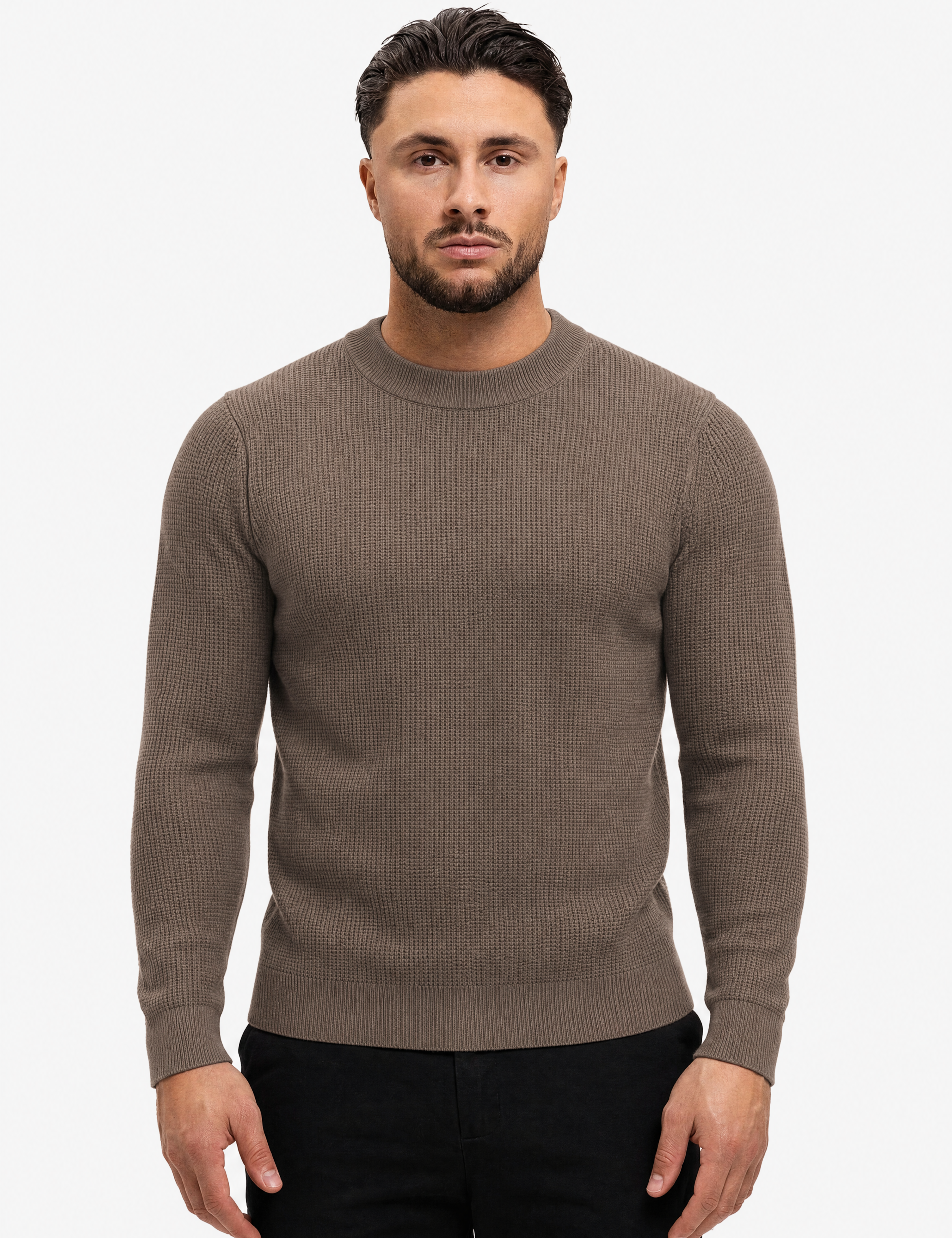 Waffle Knit Sweater Taupe - schuin voorkant