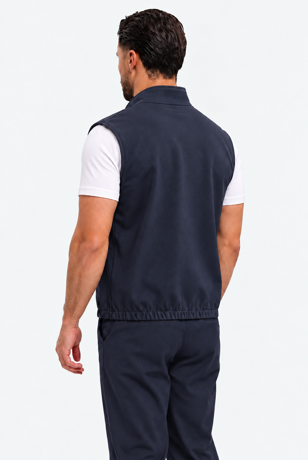 MONZA bodywarmer marineblauw – achterkant, complete set met bijpassende pants (studio)