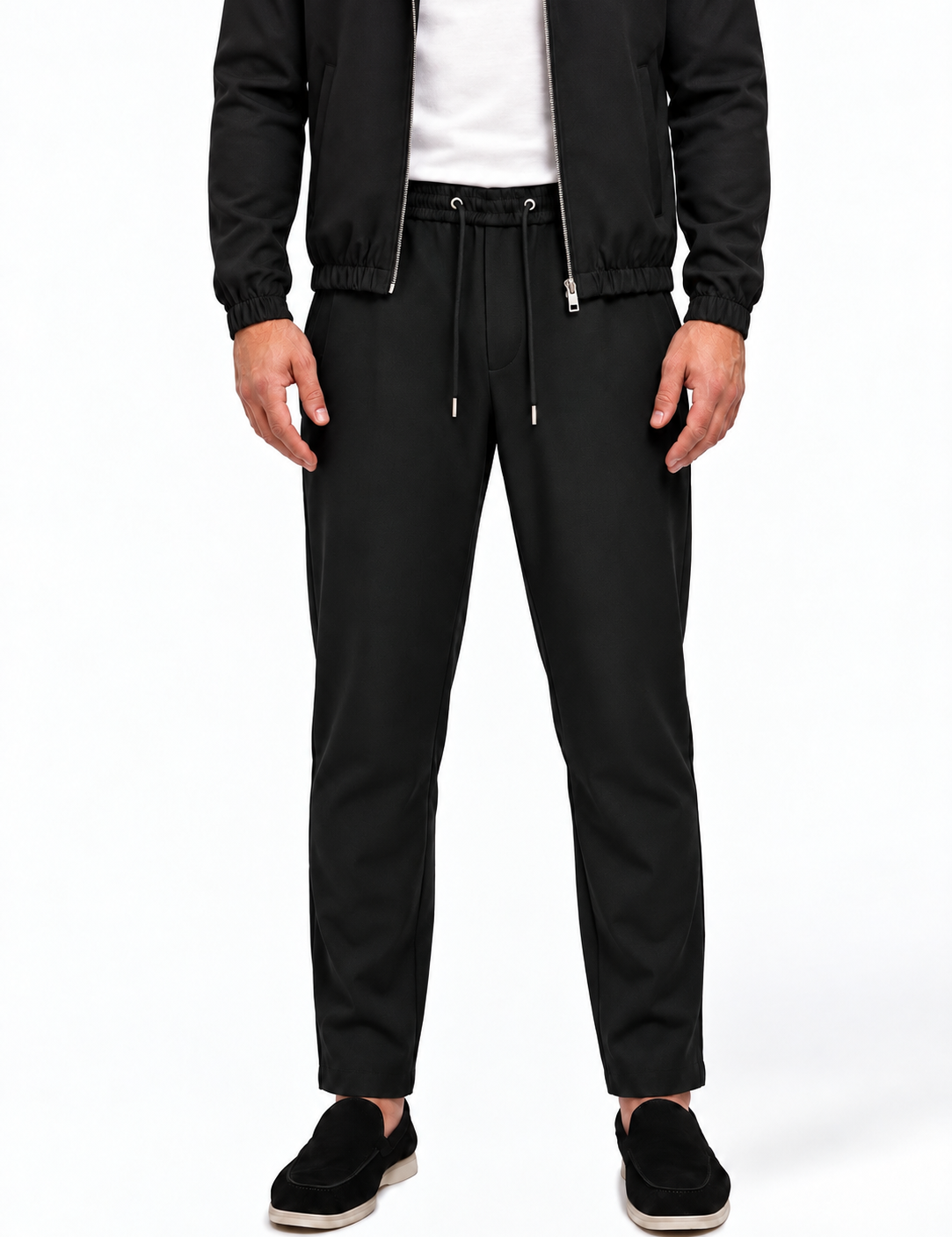 MONZA pants zwart – voorkant, complete set met bijpassende jacket (studio)