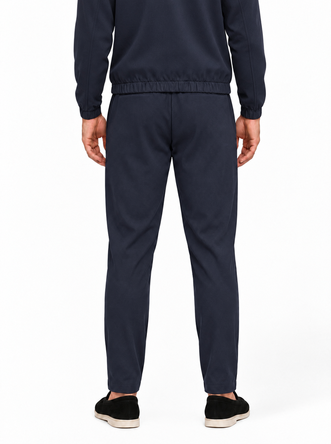 MONZA pants marineblauw – achterkant, complete set met bijpassende jacket (studio)