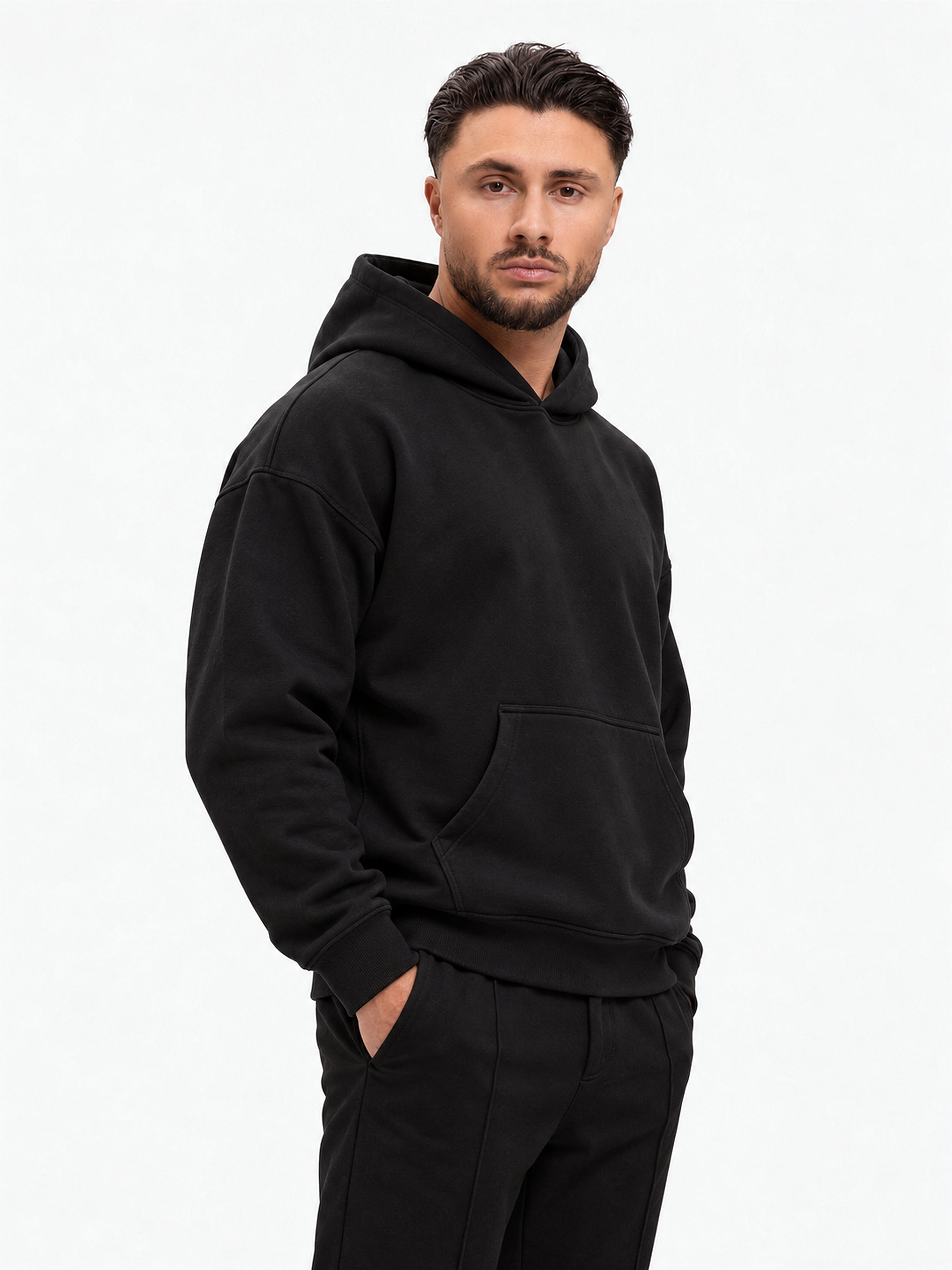 RK Blank Hoodie Black Oversized - schuin